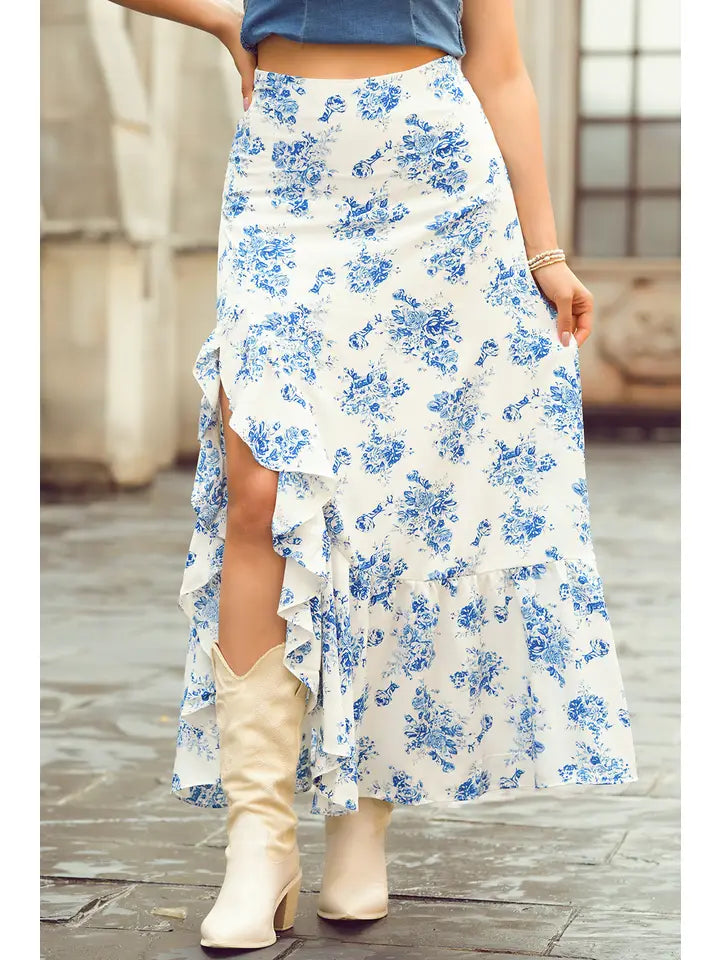 Boho Floral High Waist Ruffle Split Maxi Skirt | 3 Colors