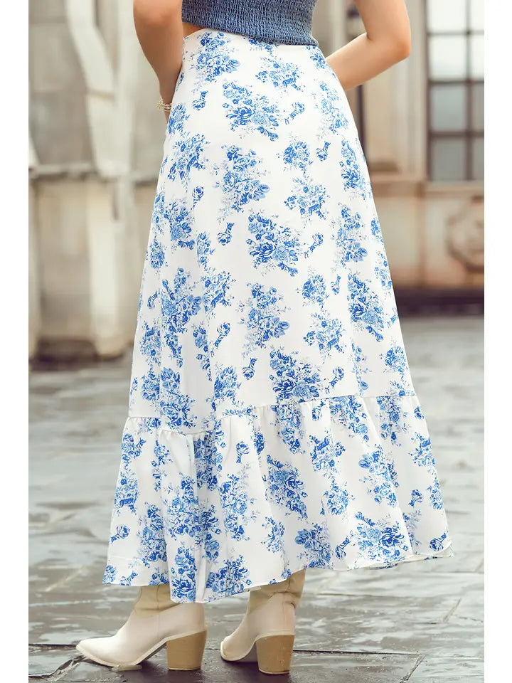 Boho Floral High Waist Ruffle Split Maxi Skirt | 3 Colors